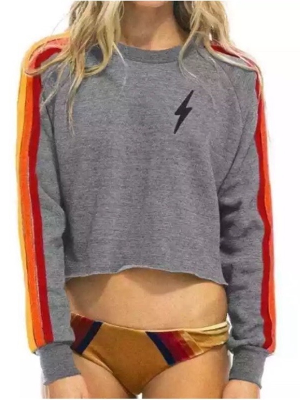 Aviator Nation Bolt Embroidery Cropped Crew Sweatshirt Heather Gray Size S